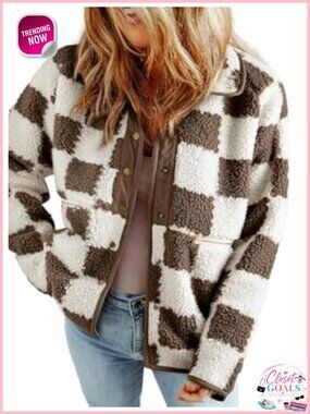 Sherpa Lined Plaid Button Down Fleece Jacket Loose Winter Coat